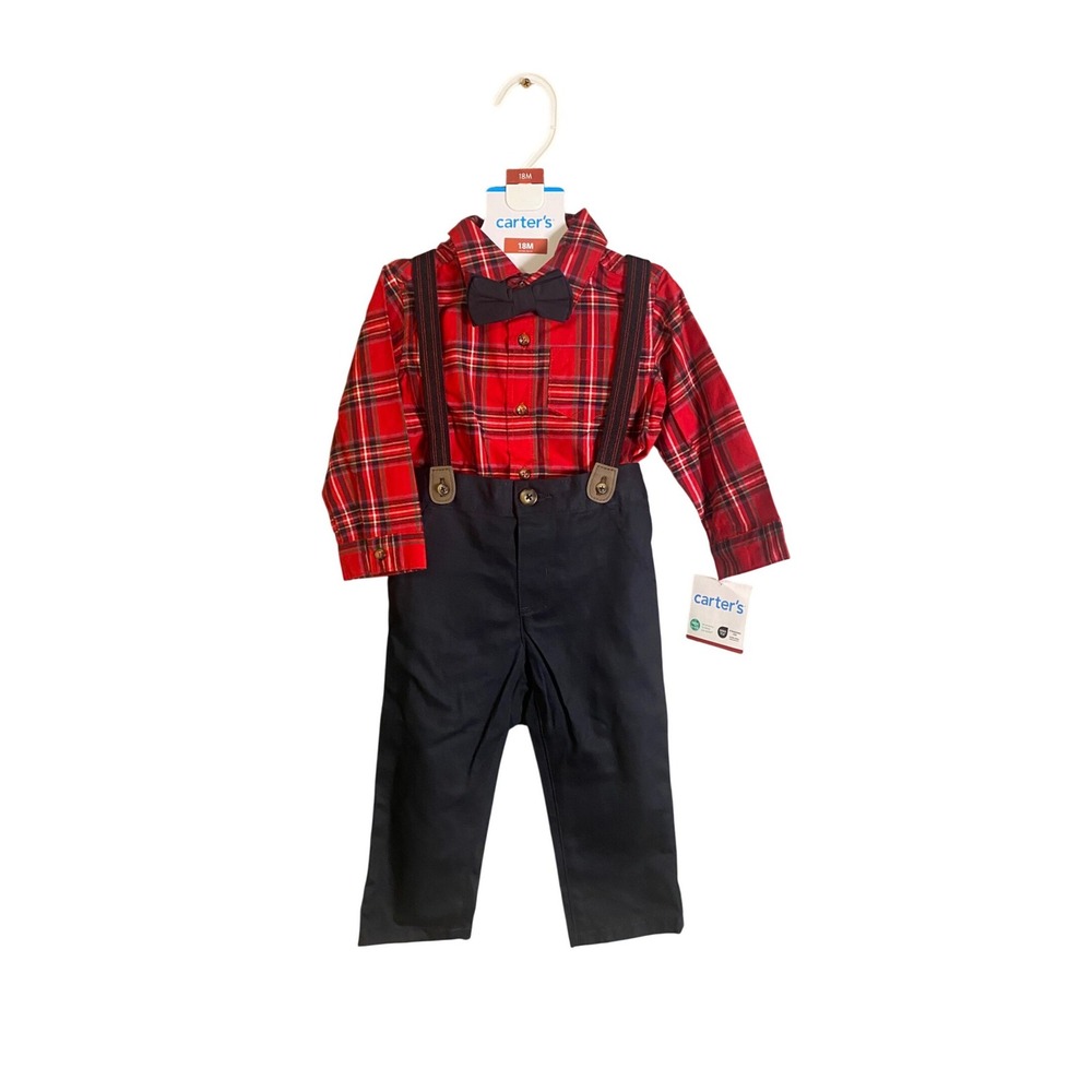 Carters 18M Red Plaid Shirt Navy Pants Suspenders Bow Tie 4pc Set 1R718910